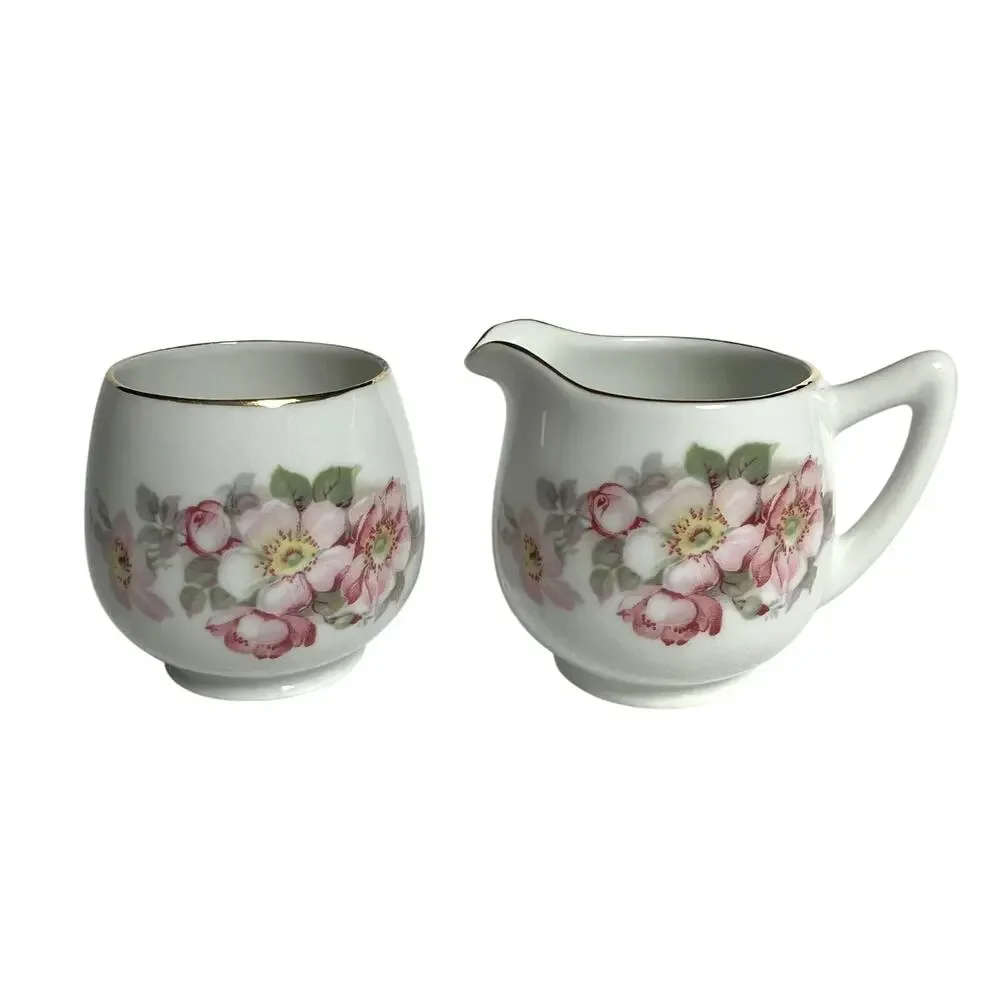 Pink Floral Sugar Creamer Set Gold Rimmed Schumann Arzberg Germany Vintage